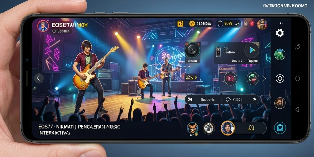 Tangkapan layar utama EOS77 menampilkan interaksi pengguna dalam permainan musik.
