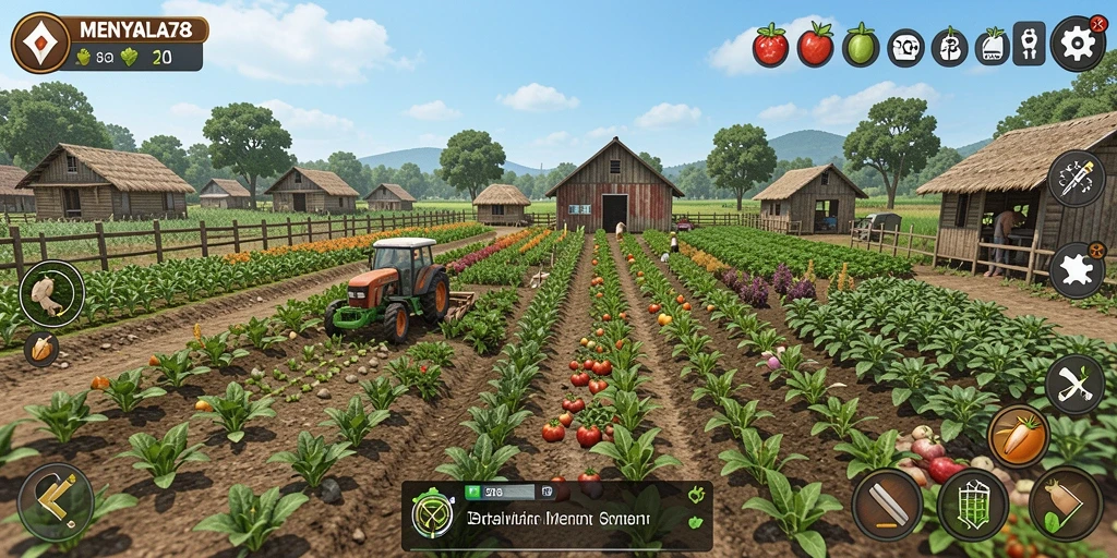 Screenshot gameplay MENYALA78 menampilkan ladang yang subur dan hewan ternak.