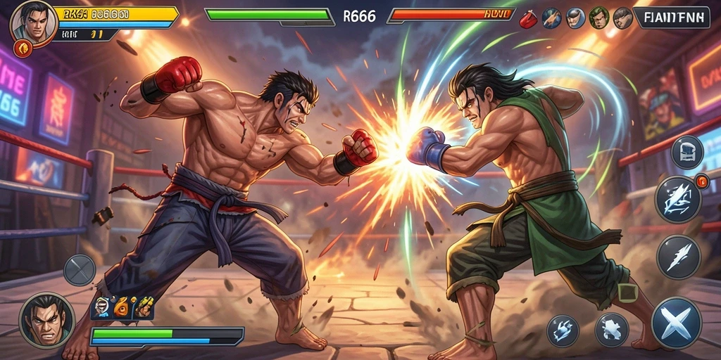 Tampilan gameplay pertarungan RR666 yang intens dan mendebarkan.