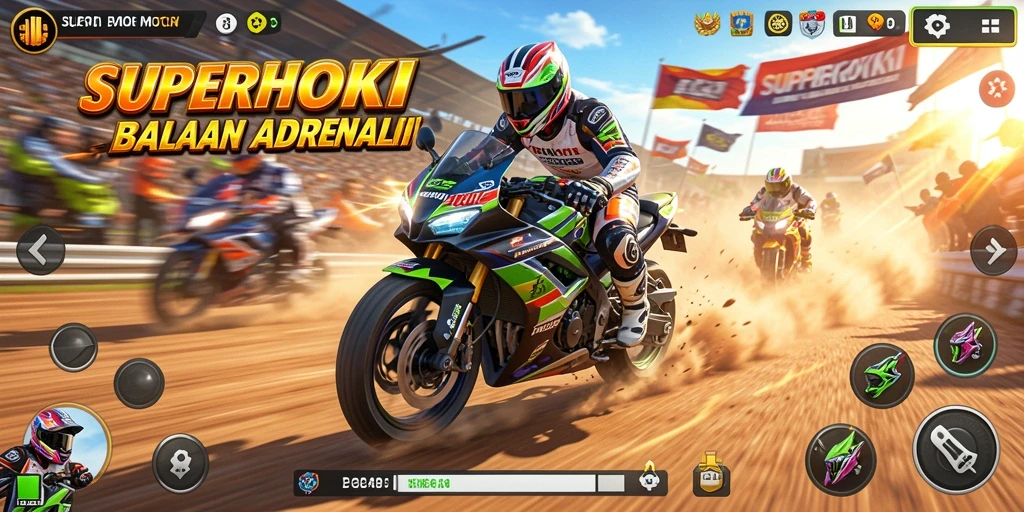 Screenshot yang menunjukkan aksi kecepatan tinggi dalam balapan motor SUPERHOKI.